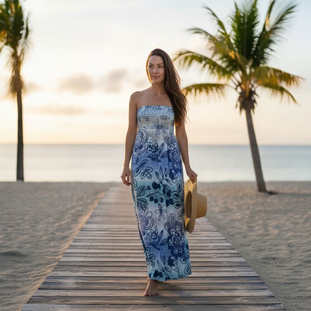 Yahada Blue Floral Smocked Strapless Maxi Dress Medium